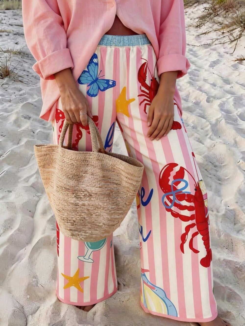 Pink Boho Women's Casual Vacation Style Striped Lobster Print Loose Pants - Picture 3 of 5